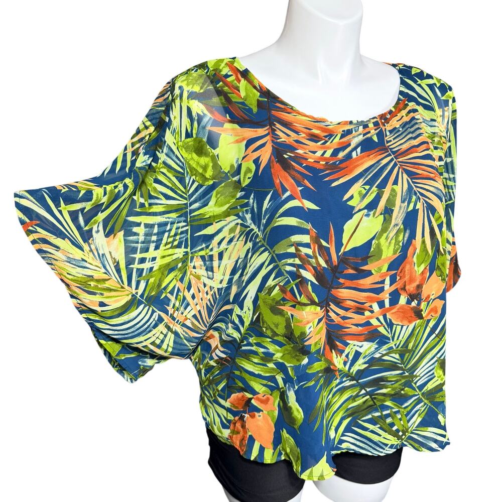 Adyson Parker Womens Jungle Tropical Print Blouse Batwing Sleeve Green Orange 2X